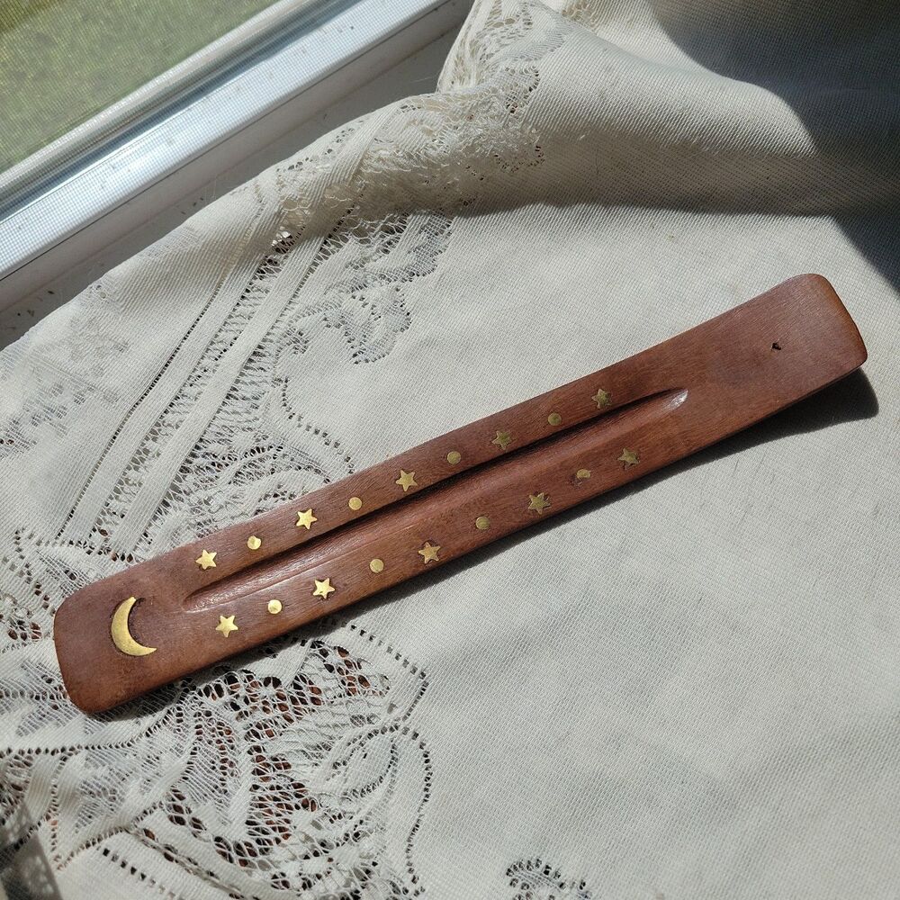 Vintage Teak Wood Stick Incense Holder Brass Moon & Star Inlays Table Top Shelf